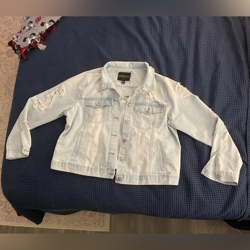 Plus Size Forever 21 Distressed Jean Jacket Light Wash